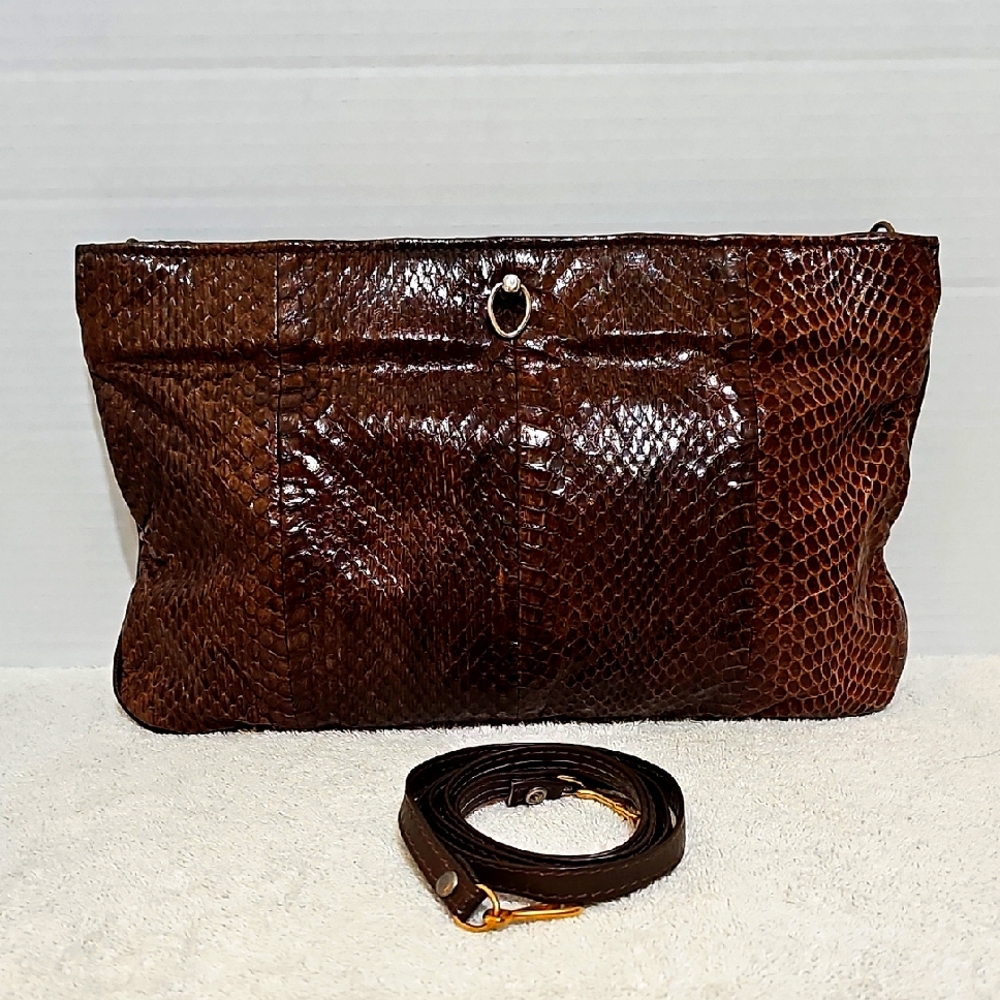 Vintage 2 Way Snake Skin Style Brown Clutch & Shoulder Bag